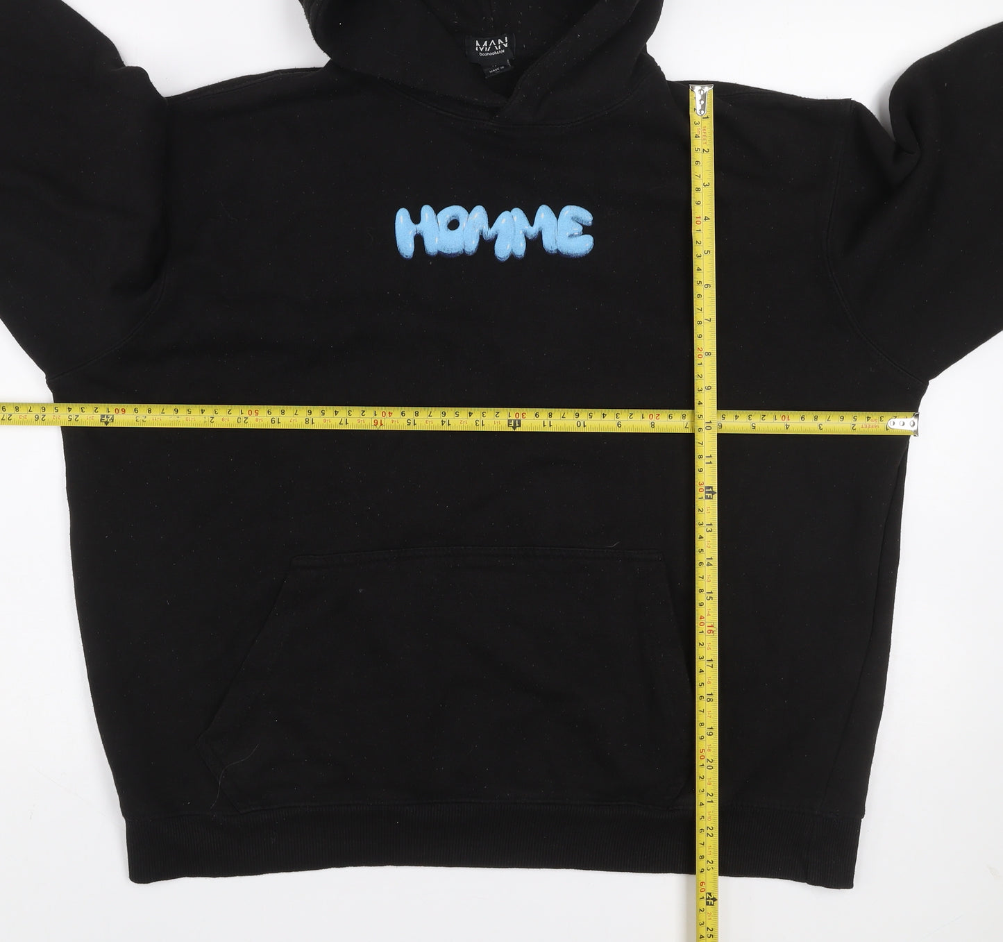boohooMAN Men's Black Graphic Pullover Hoodie M Streetwear Style