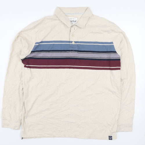 Weird Fish Men’s Beige Striped Long Sleeve Organic Cotton Polo Shirt Size L