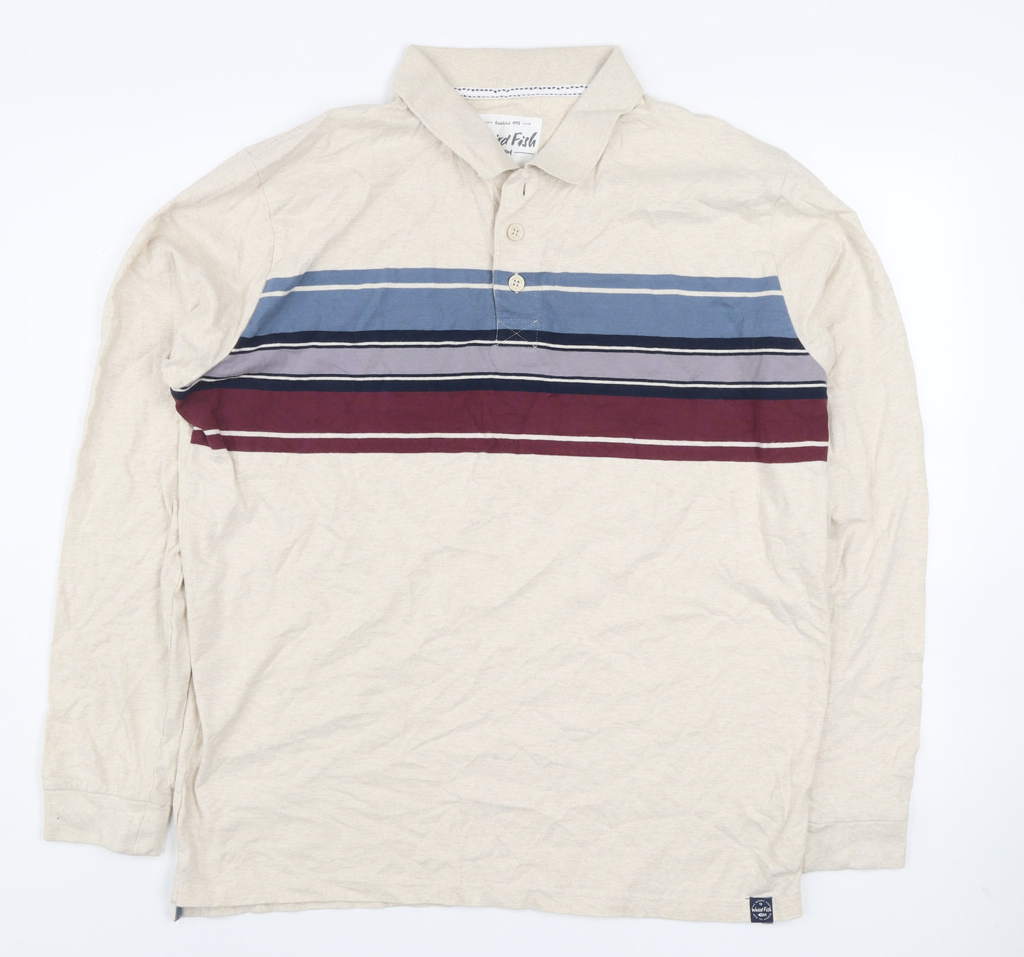Weird Fish Men’s Beige Striped Long Sleeve Organic Cotton Polo Shirt Size L