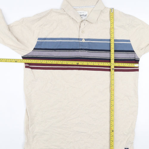 Weird Fish Men’s Beige Striped Long Sleeve Organic Cotton Polo Shirt Size L