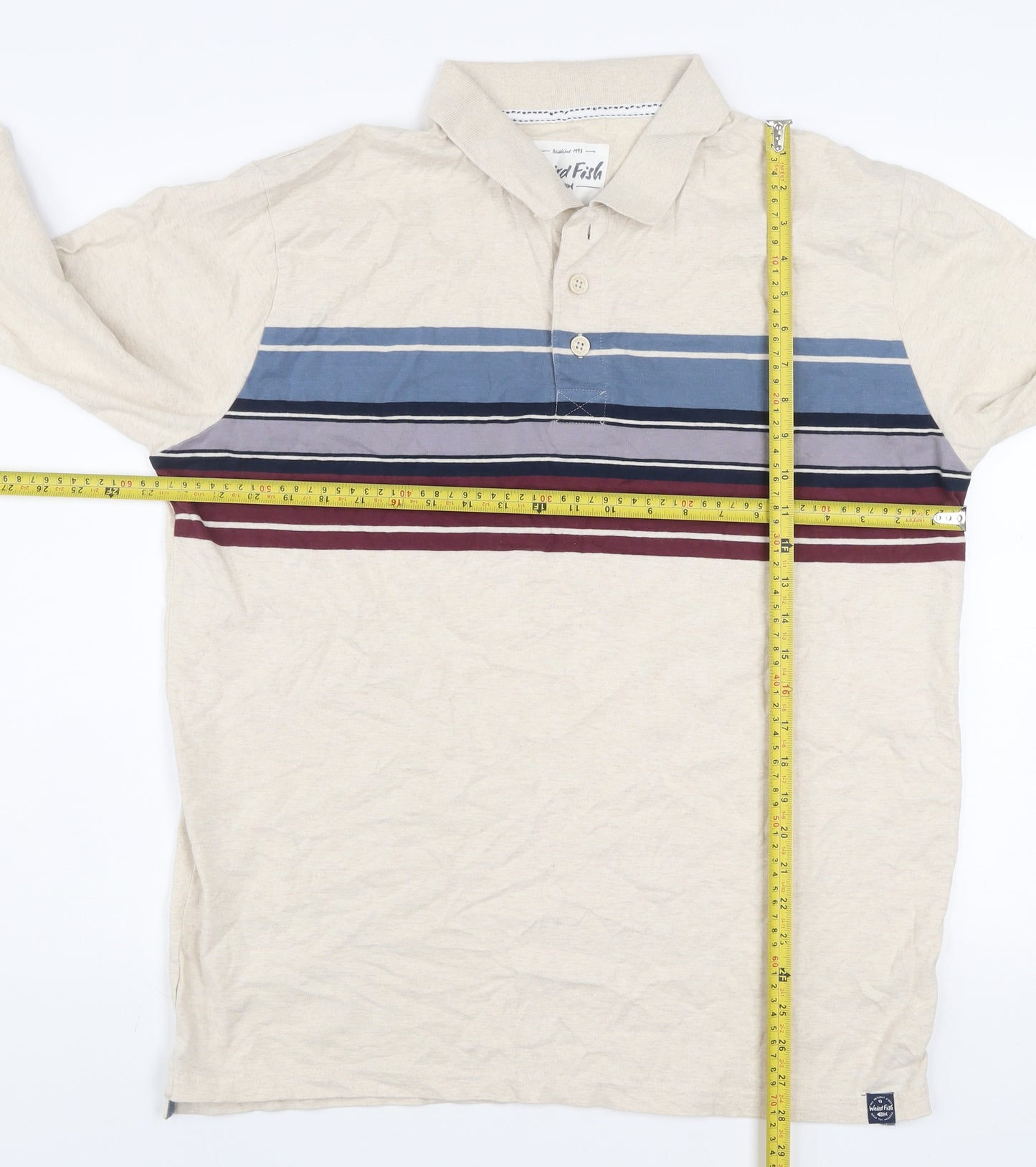 Weird Fish Men’s Beige Striped Long Sleeve Organic Cotton Polo Shirt Size L