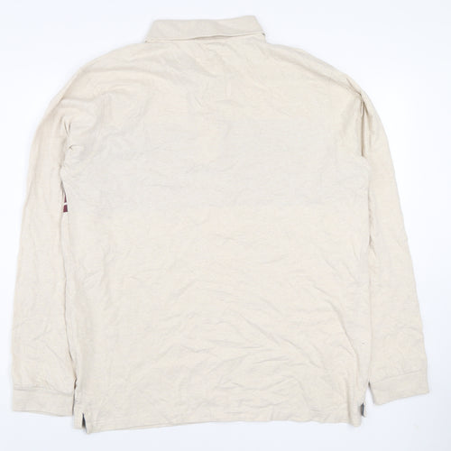 Weird Fish Men’s Beige Striped Long Sleeve Organic Cotton Polo Shirt Size L
