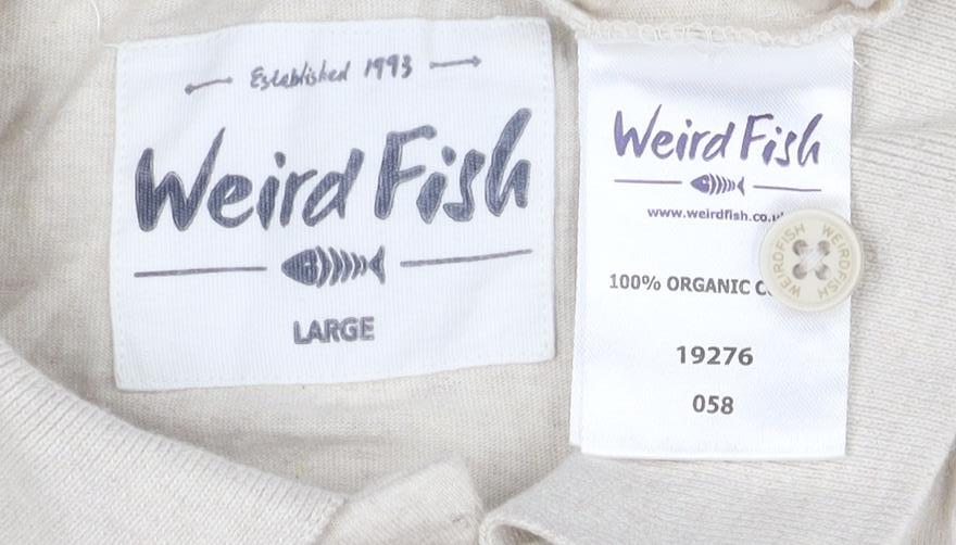Weird Fish Men’s Beige Striped Long Sleeve Organic Cotton Polo Shirt Size L