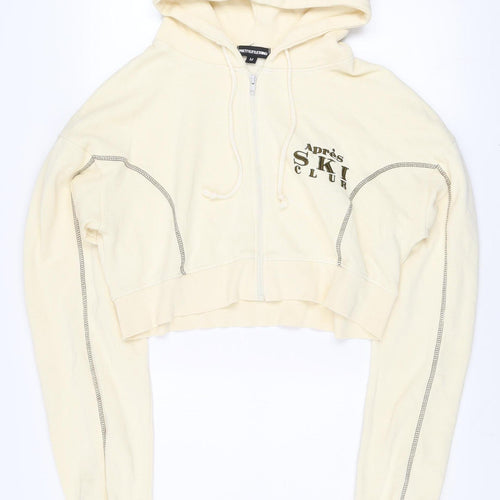 PrettyLittleThing Unisex Beige Full Zip Hoodie M Apres Ski Embroidered