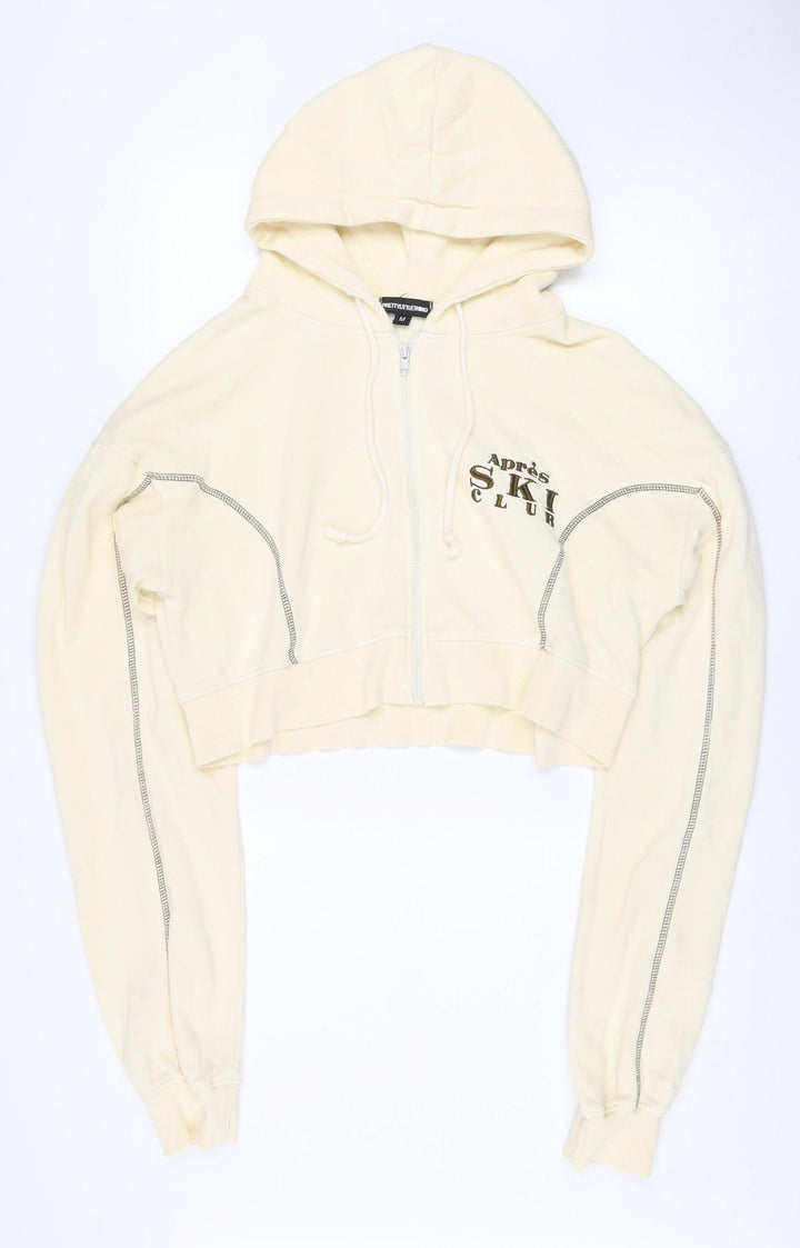 PrettyLittleThing Unisex Beige Full Zip Hoodie M Apres Ski Embroidered