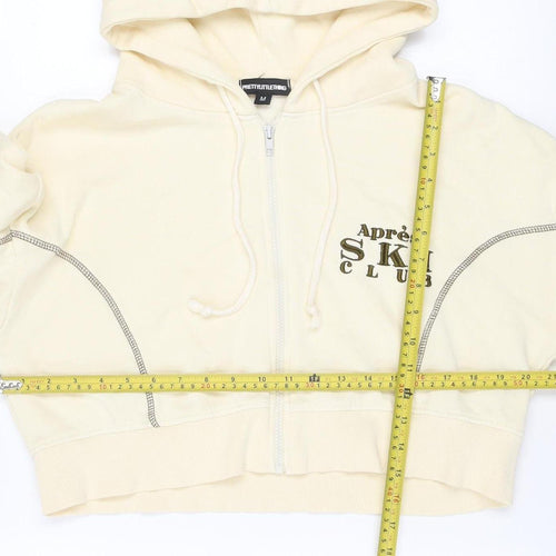 PrettyLittleThing Unisex Beige Full Zip Hoodie M Apres Ski Embroidered