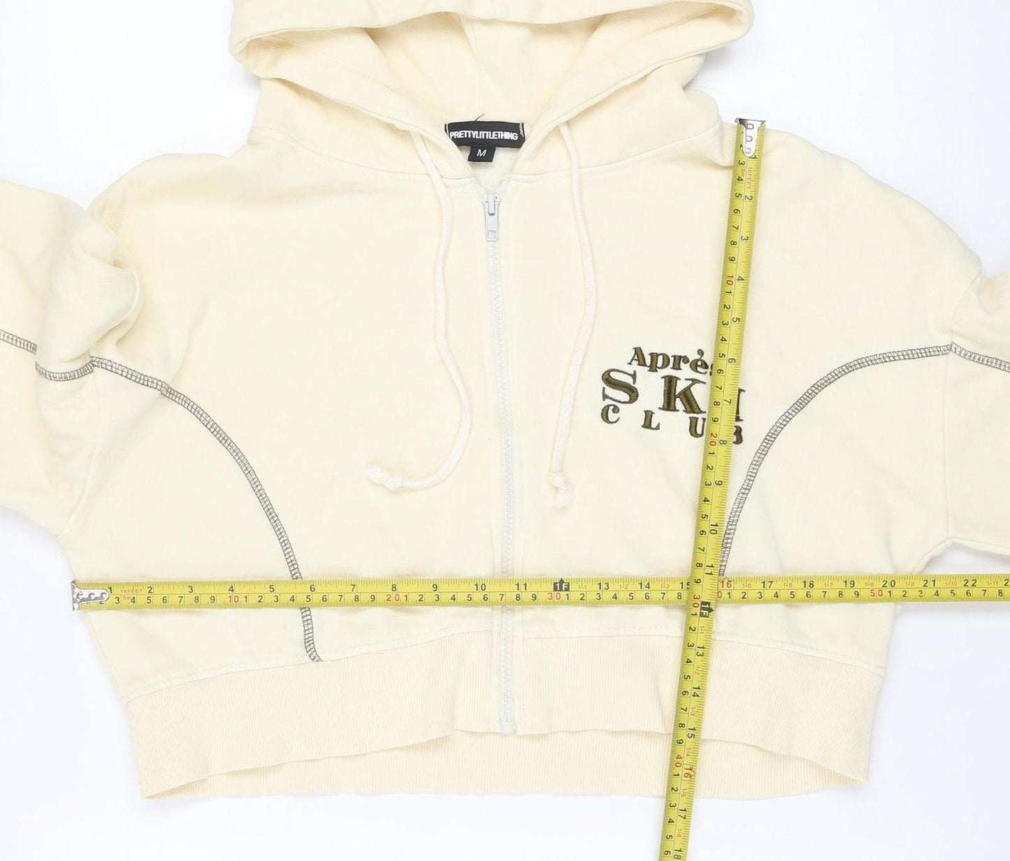 PrettyLittleThing Unisex Beige Full Zip Hoodie M Apres Ski Embroidered