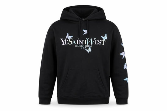 Front view of Boohoo Women’s Black Butterfly Print Pullover Hoodie Size Small