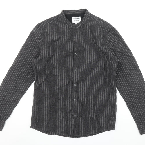 Pull&Bear Men's Grey Striped Band Collar Long Sleeve Button-Up Shirt Size M