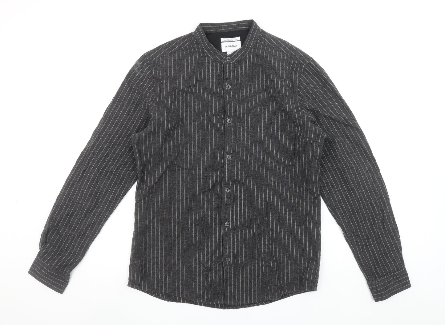 Pull&Bear Men's Grey Striped Band Collar Long Sleeve Button-Up Shirt Size M