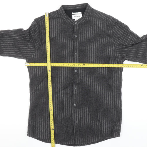 Pull&Bear Men's Grey Striped Band Collar Long Sleeve Button-Up Shirt Size M