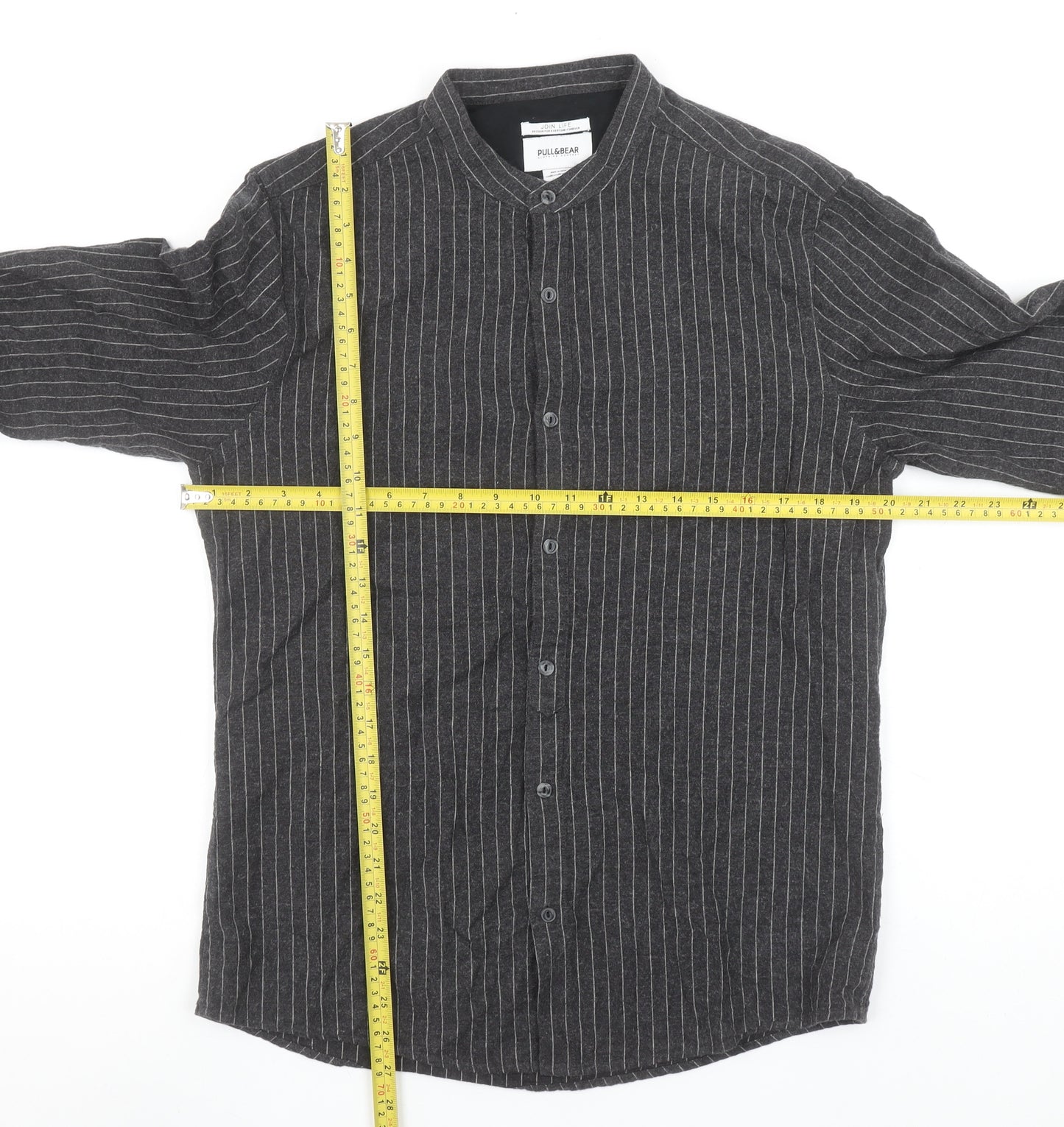 Pull&Bear Men's Grey Striped Band Collar Long Sleeve Button-Up Shirt Size M