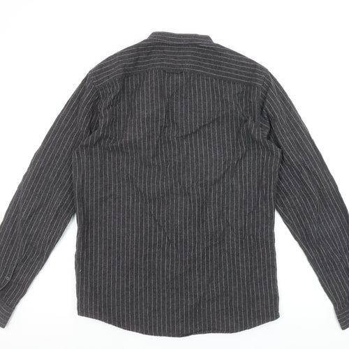Pull&Bear Men's Grey Striped Band Collar Long Sleeve Button-Up Shirt Size M