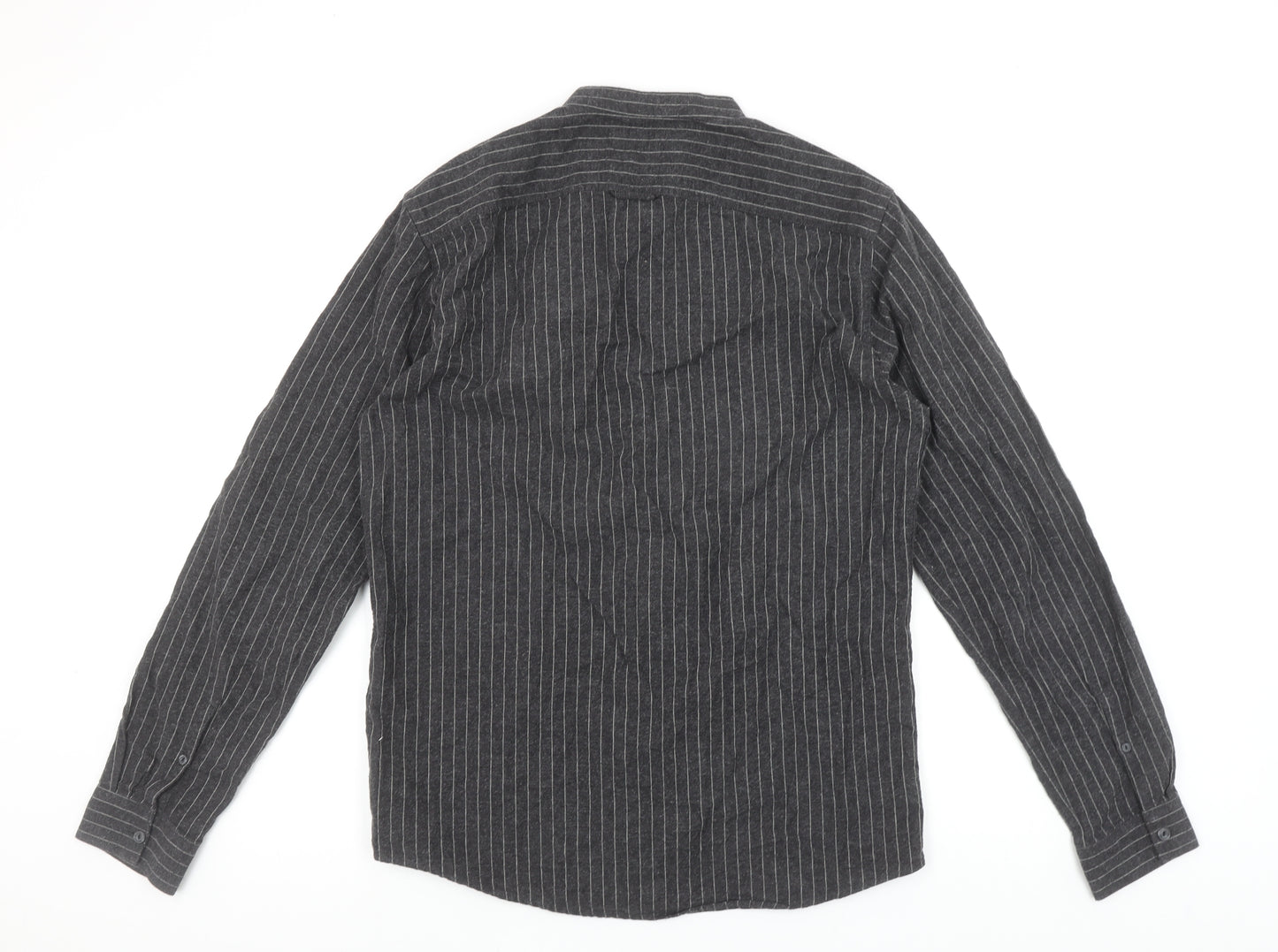 Pull&Bear Men's Grey Striped Band Collar Long Sleeve Button-Up Shirt Size M