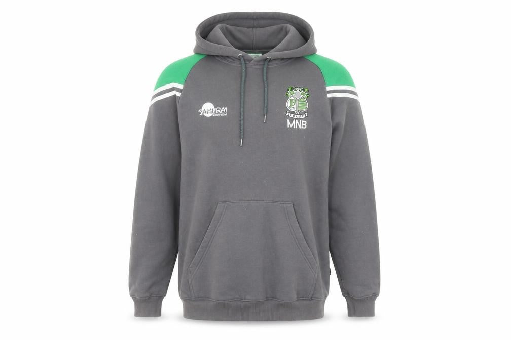 Front view of Samurai Sportswear Men's Grey Pullover Hoodie, size M, Rugby Embroidered Logo