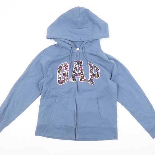 GAP Women's Blue Full Zip Hoodie Medium Floral Logo Sweatshirt