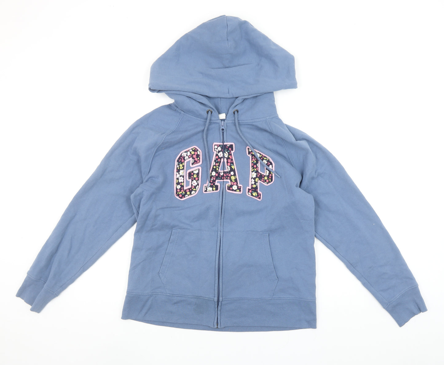 GAP Women's Blue Full Zip Hoodie Medium Floral Logo Sweatshirt