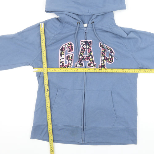 GAP Women's Blue Full Zip Hoodie Medium Floral Logo Sweatshirt