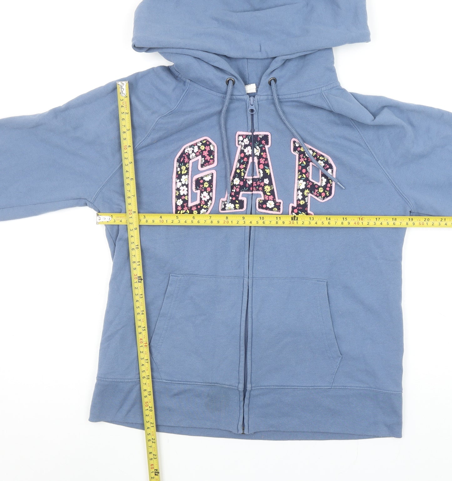 GAP Women's Blue Full Zip Hoodie Medium Floral Logo Sweatshirt
