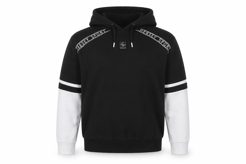 Front view of Beck & Hersey Men's Black Hoodie Pullover Logo Sports Style, size M