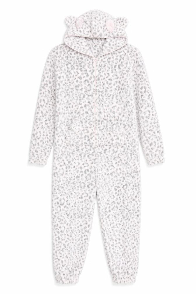 Autumn Faith Women’s Grey Animal Print Fleece Hooded Onesie Size S