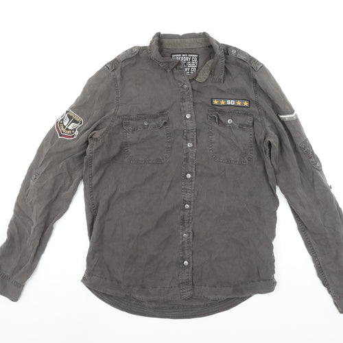 Superdry Women's Grey Military Button-Up Cotton Shirt M