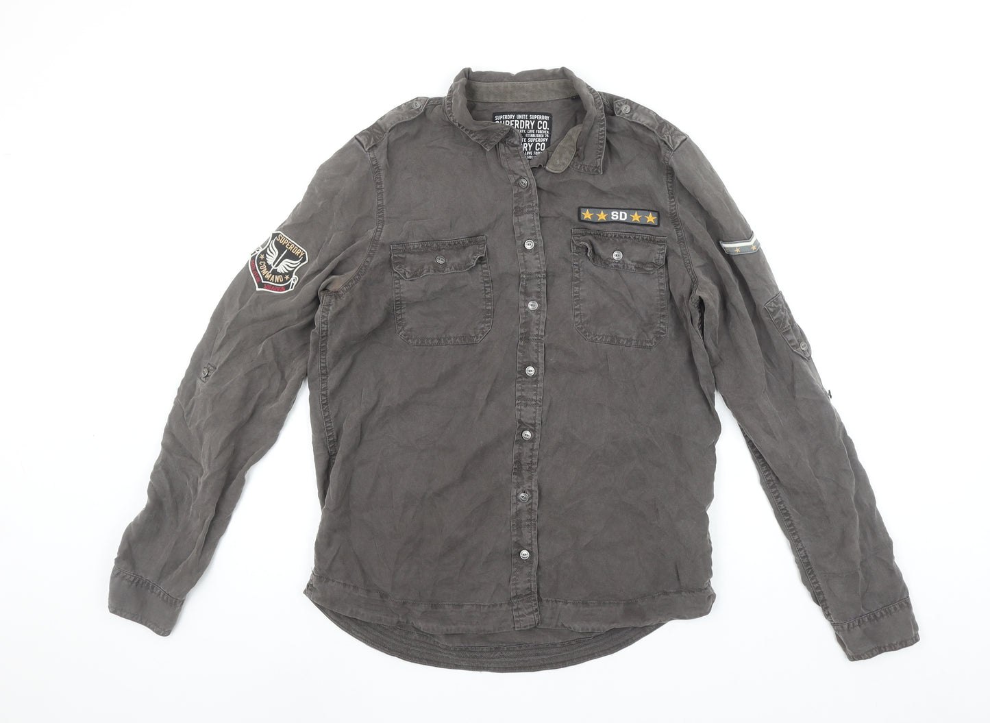 Superdry Women's Grey Military Button-Up Cotton Shirt M
