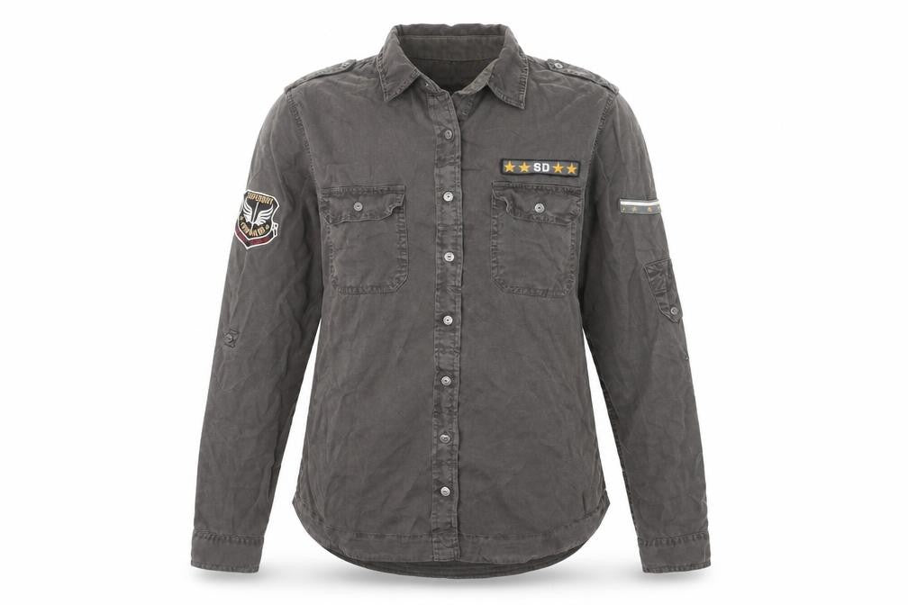 Front view of Superdry Women's Grey Military Button-Up Cotton Shirt M