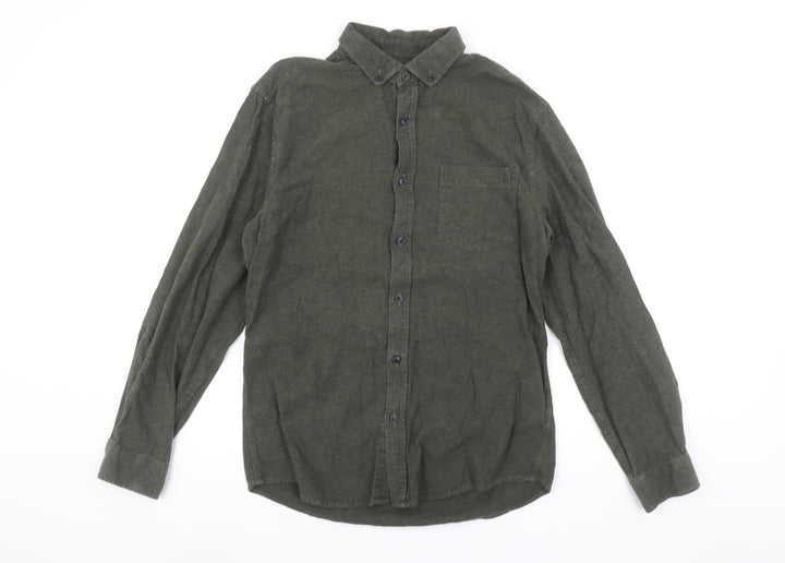 Marks and Spencer Men's Green Cotton Flannel Button-Up Shirt S 35-37"