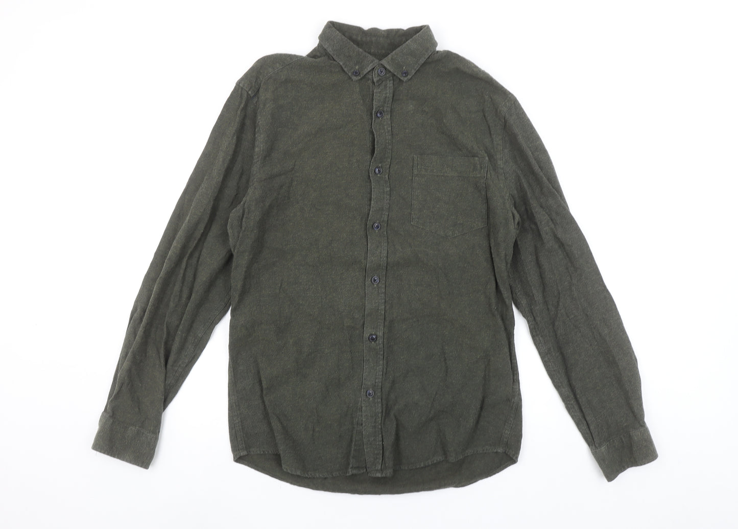 Marks and Spencer Men's Green Cotton Flannel Button-Up Shirt S 35-37"