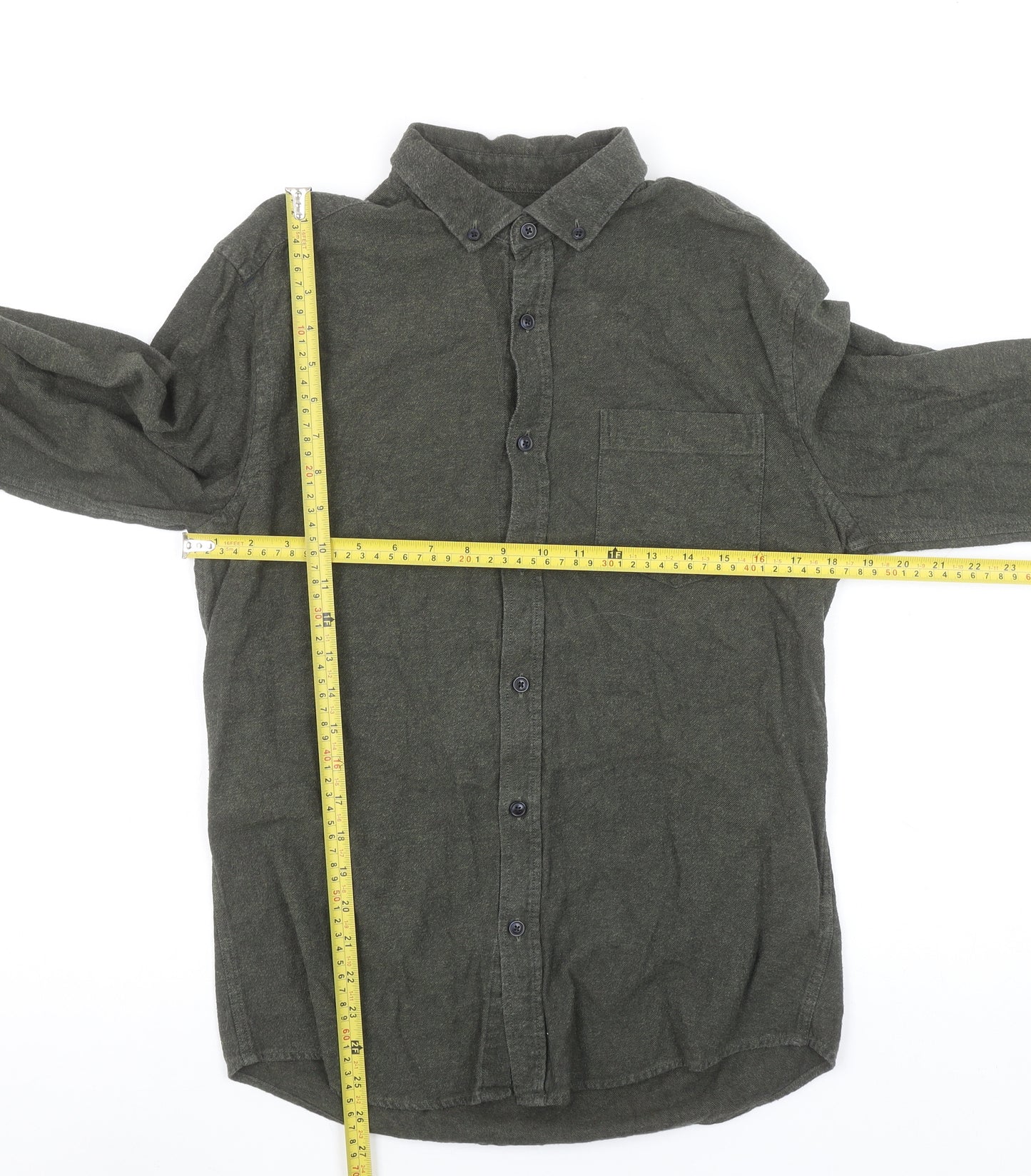 Marks and Spencer Men's Green Cotton Flannel Button-Up Shirt S 35-37"