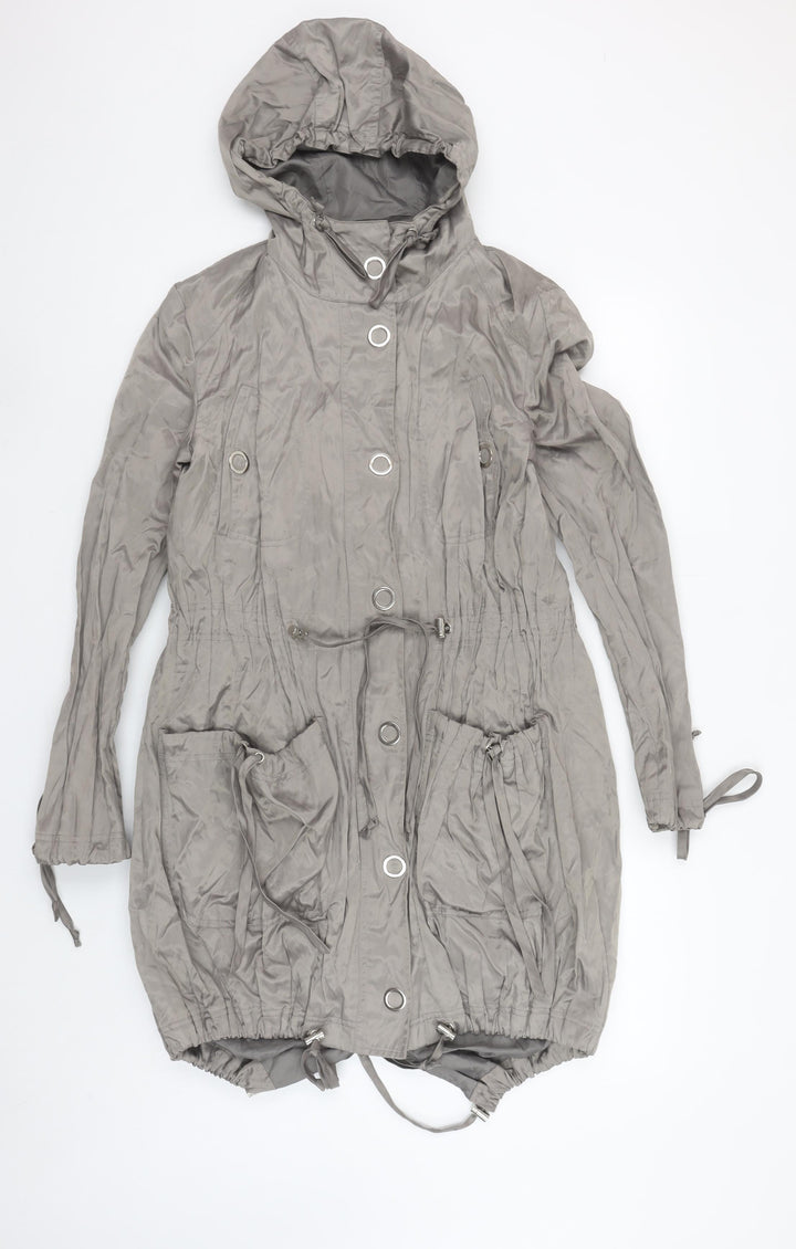 Oasis Women’s Grey Hooded Parka Jacket Size 8 Drawstring Waist