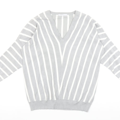 Pebble Bay Womens Grey Striped V-Neck Relaxed Fit Jumper Size 14