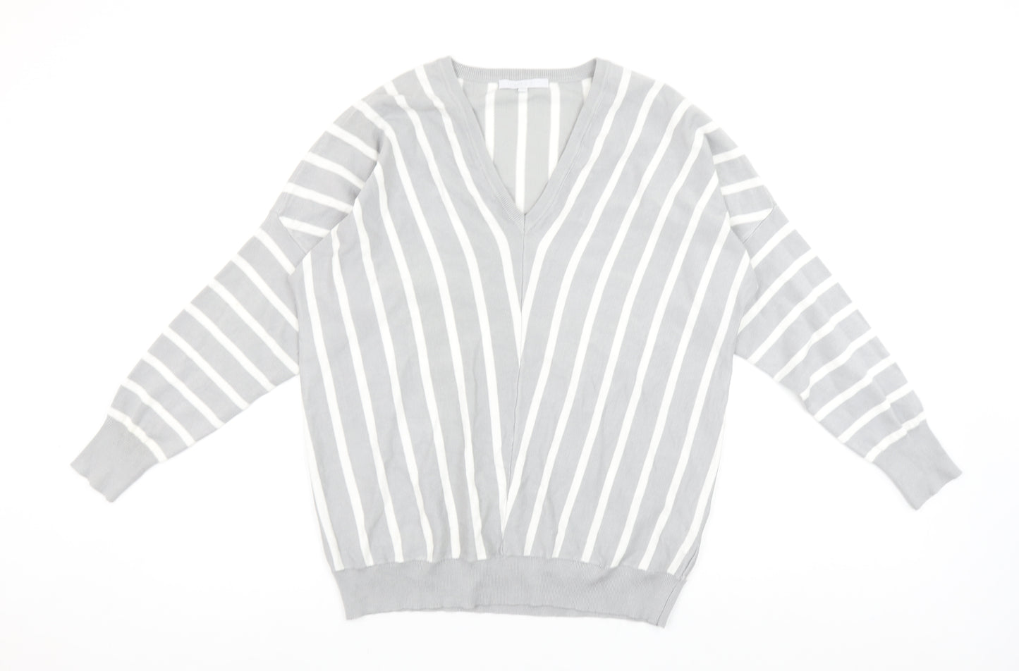 Pebble Bay Womens Grey Striped V-Neck Relaxed Fit Jumper Size 14