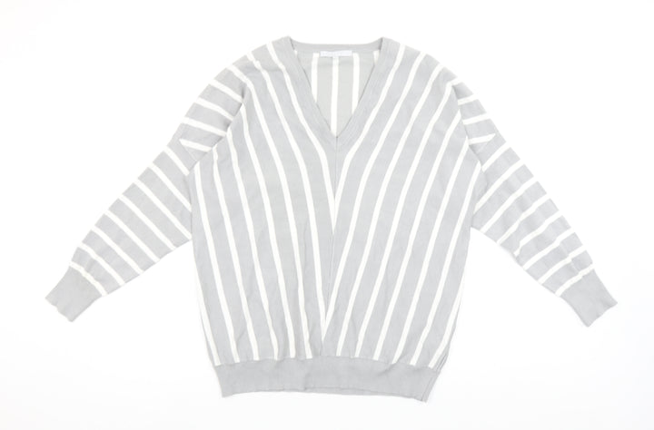 Pebble Bay Womens Grey Striped V-Neck Relaxed Fit Jumper Size 14