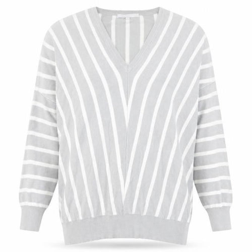 Pebble Bay Womens Grey Striped V-Neck Relaxed Fit Jumper Size 14