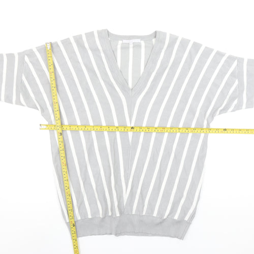 Pebble Bay Womens Grey Striped V-Neck Relaxed Fit Jumper Size 14