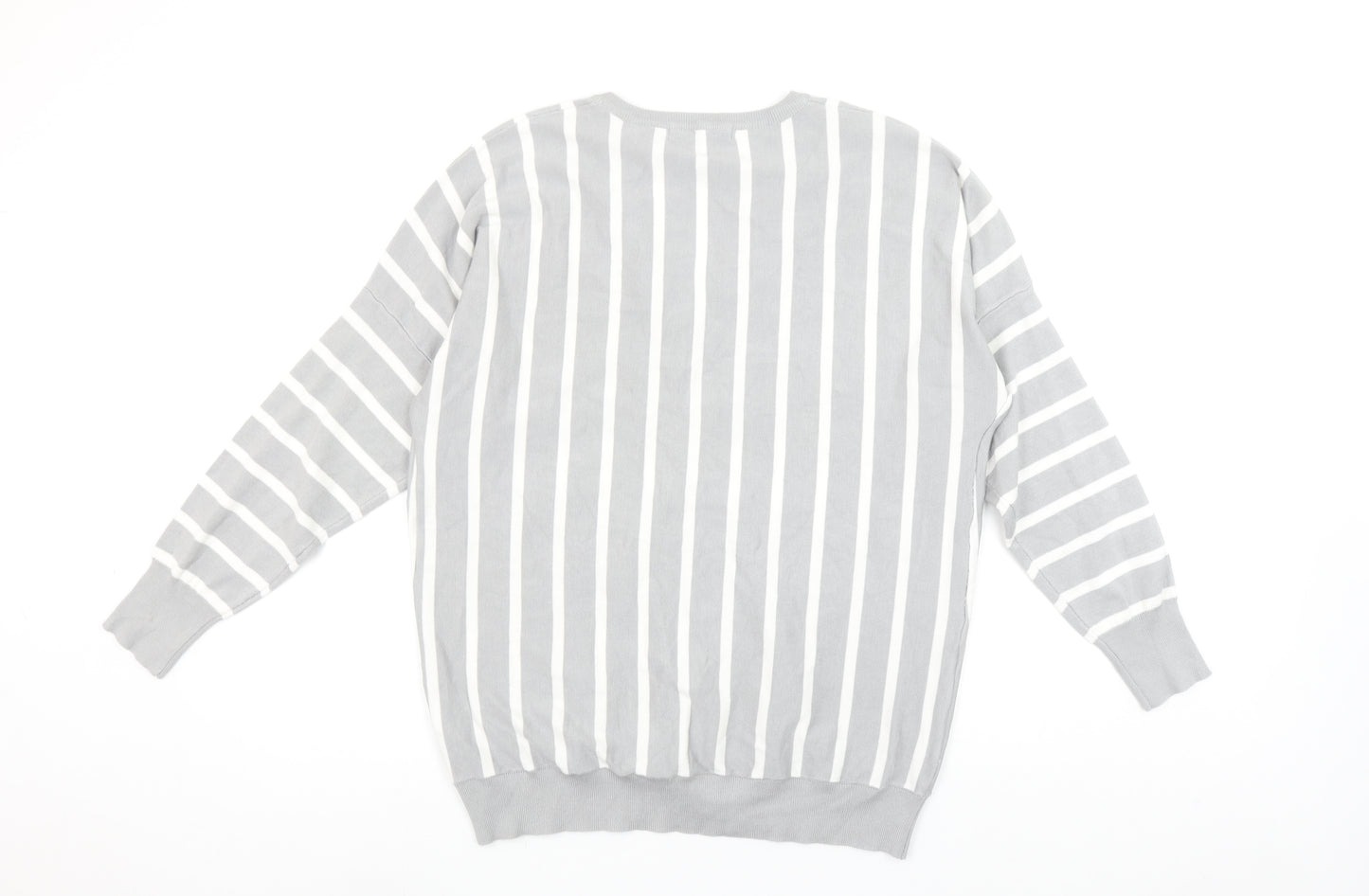 Pebble Bay Womens Grey Striped V-Neck Relaxed Fit Jumper Size 14