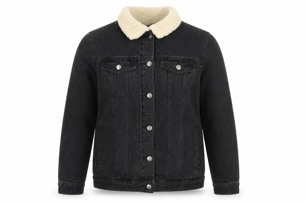 Front view of Glassons Women’s Black Denim Sherpa Lined Jacket, size UK 10