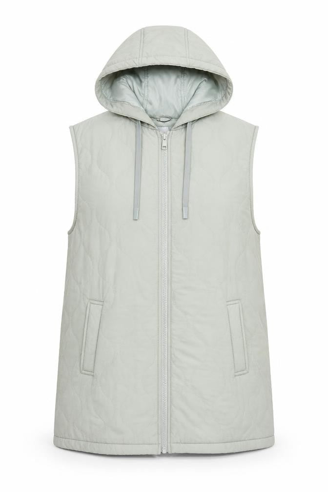 Front view of Primark women’s green quilted hooded waistcoat m