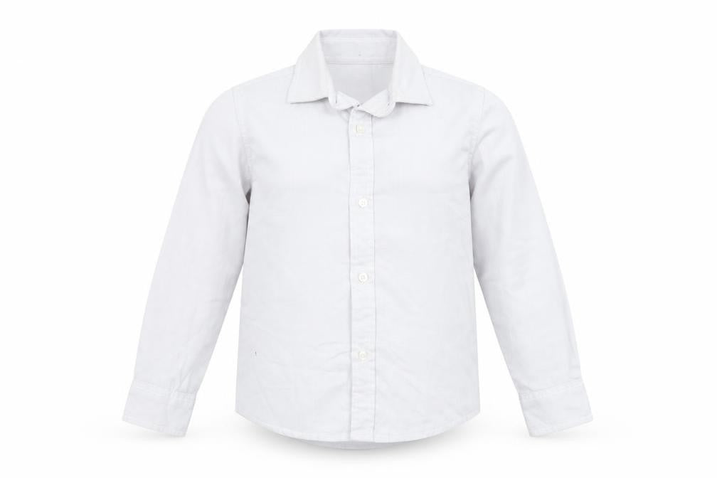 Front view of iDO boys’ white 4 years button-up long sleeve cotton shirt