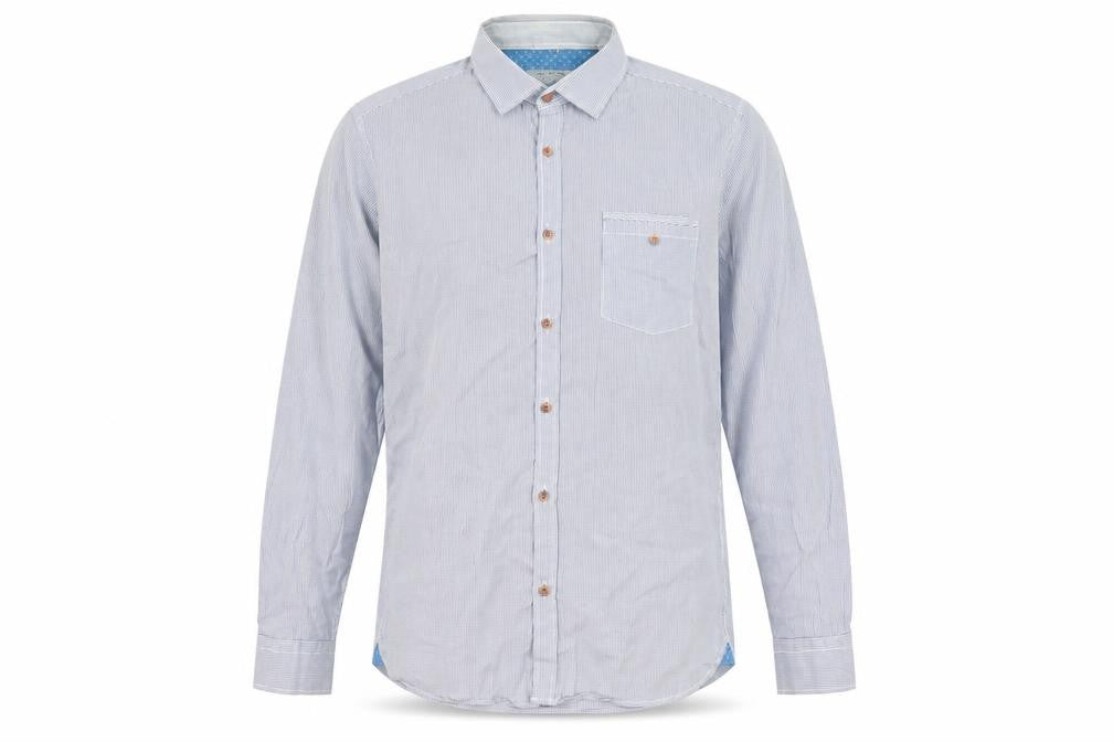 Front view of Ted Baker Men's Blue Check Long Sleeve Cotton Button-Up Shirt, size L