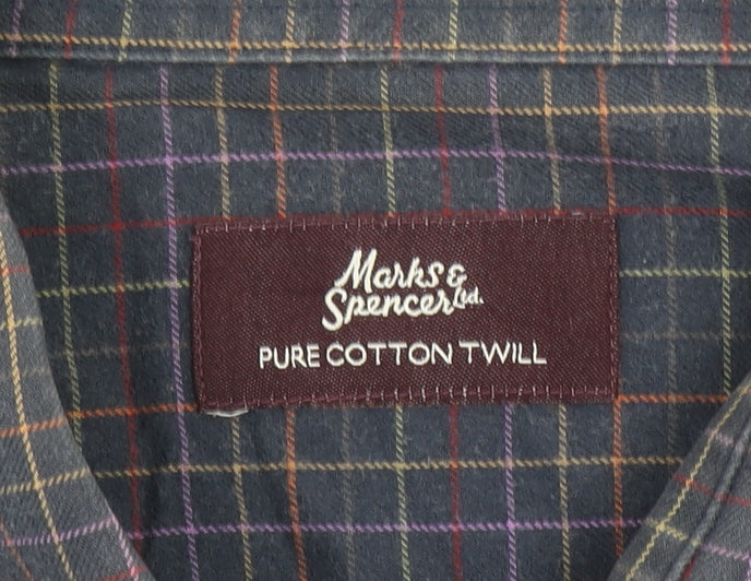Marks and Spencer Men’s Blue Check Pure Cotton Twill Shirt Size 18