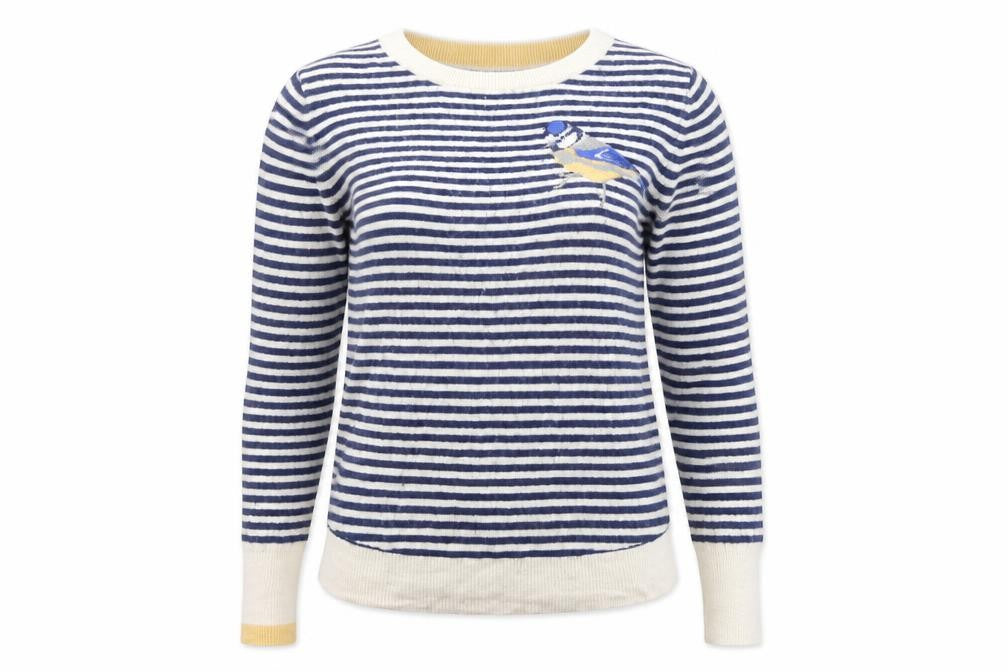Joules Women Blue Striped Bird Cotton Jumper Size 10