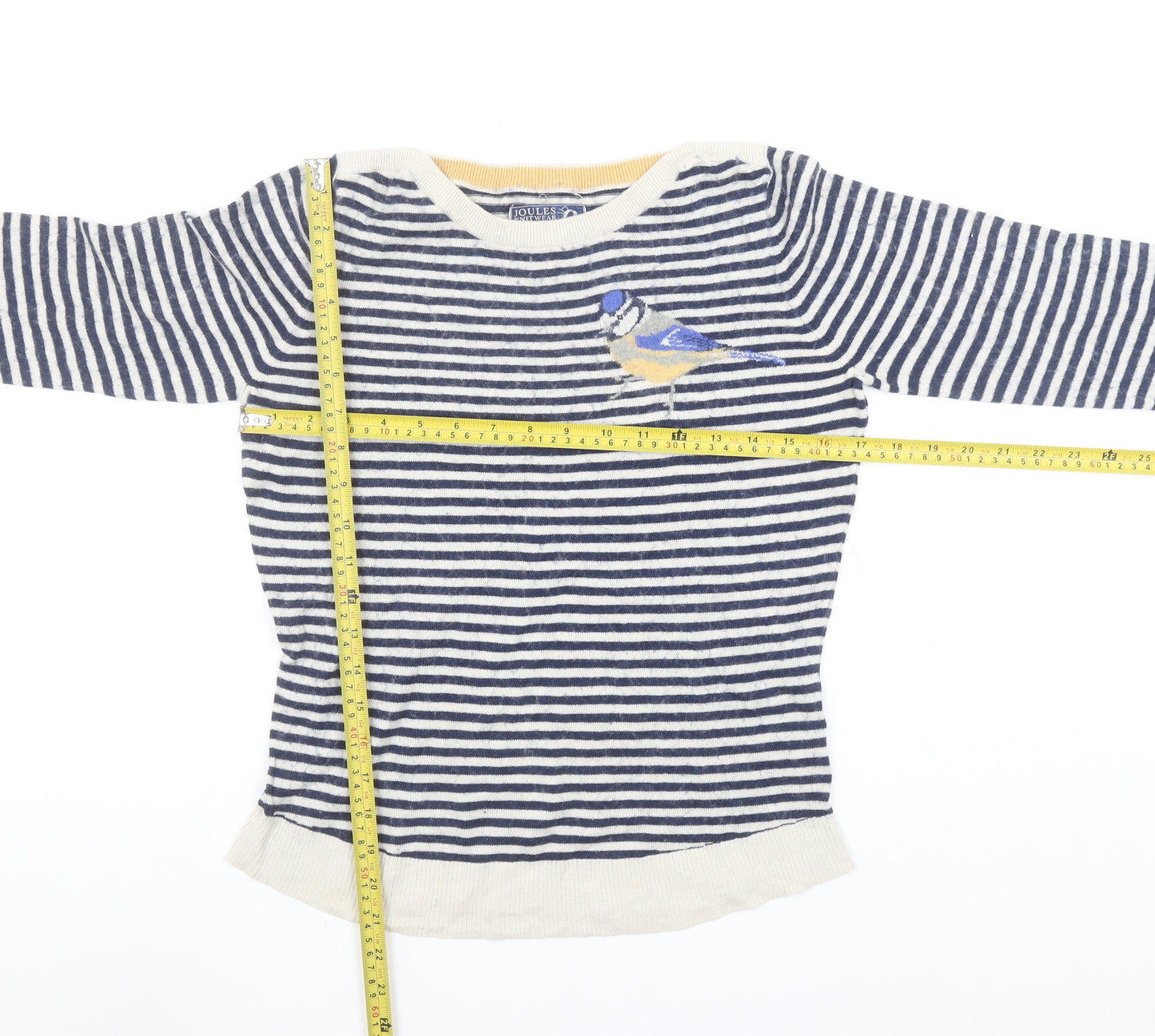 Joules Women Blue Striped Bird Cotton Jumper Size 10