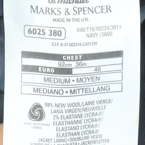 Marks and Spencer Men Blue 36 Regular Wool Single-Breasted Blazer