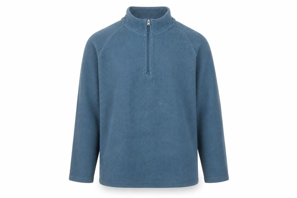 Front view of Cotton Traders men’s blue l 1/4 zip high neck knit sweatshirt
