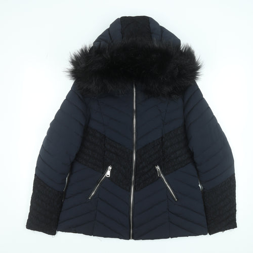 Klass Womens Blue Faux Fur Hooded Puffer Jacket Size S
