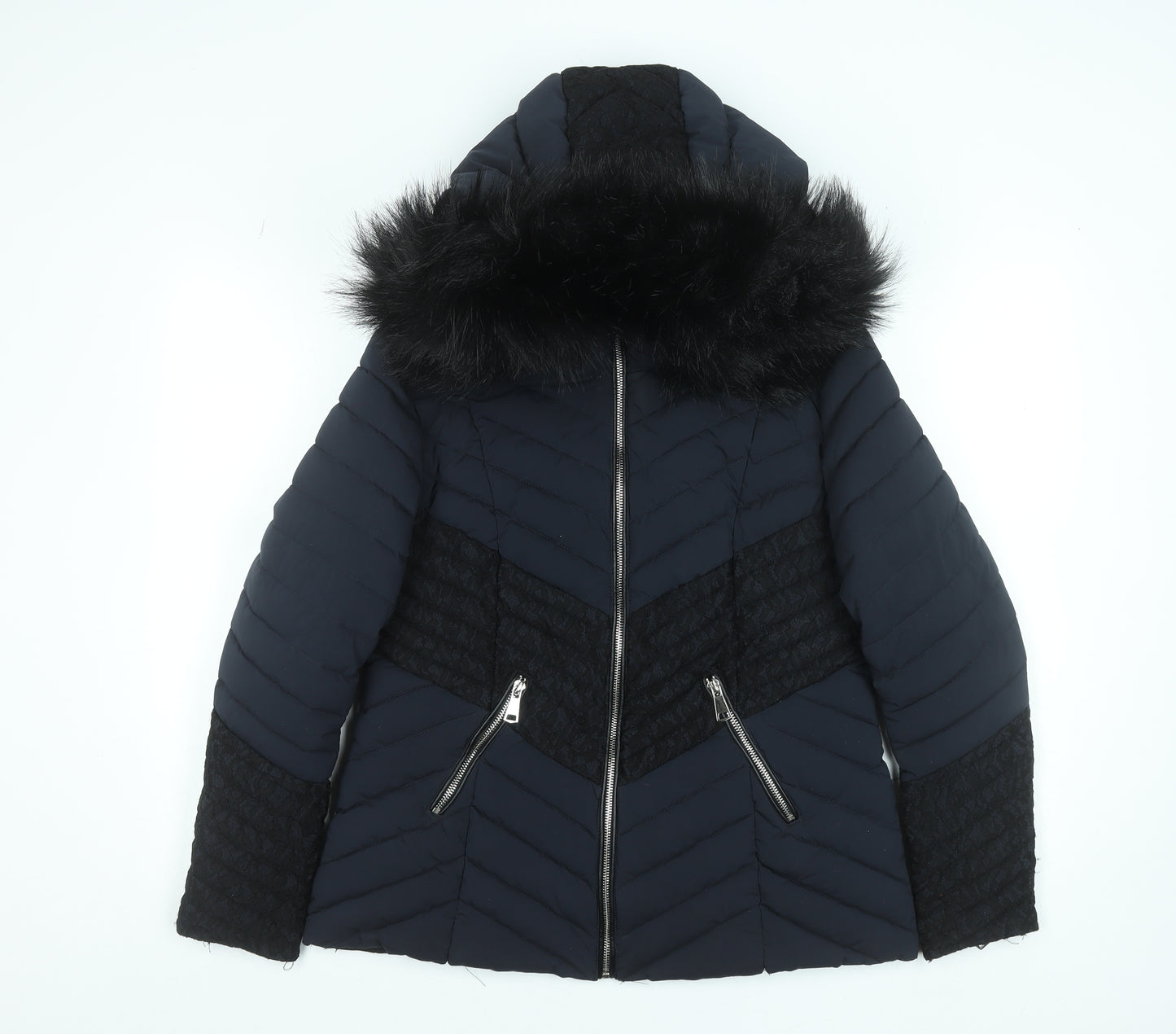 Klass Womens Blue Faux Fur Hooded Puffer Jacket Size S
