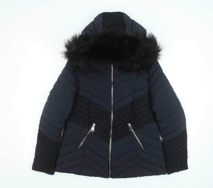 Klass Womens Blue Faux Fur Hooded Puffer Jacket Size S
